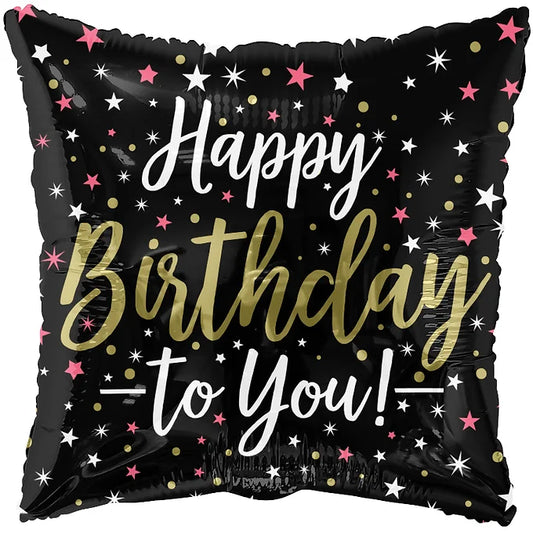 18" Square Happy Birthday to You! in Black with Pink & White Stars and Gold Dots - Party Theory SG