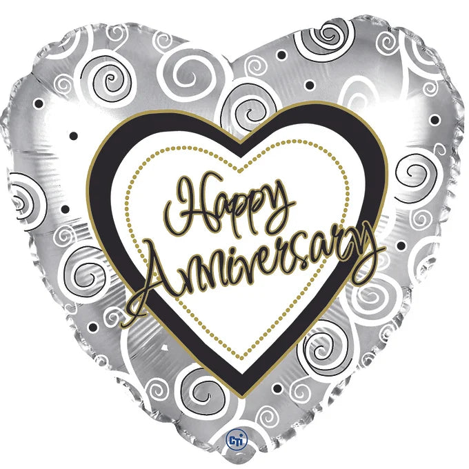 18" Silver Swirls Happy Anniversary Heart Foil Helium Balloon - Party Theory SG